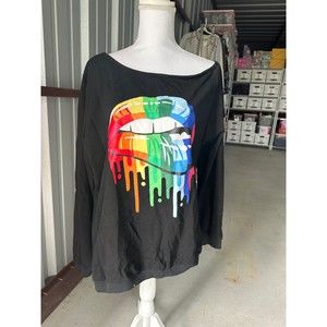 MAGICMK Colorful Dripping Biting Lips Black Off Shoulder Sweater XL